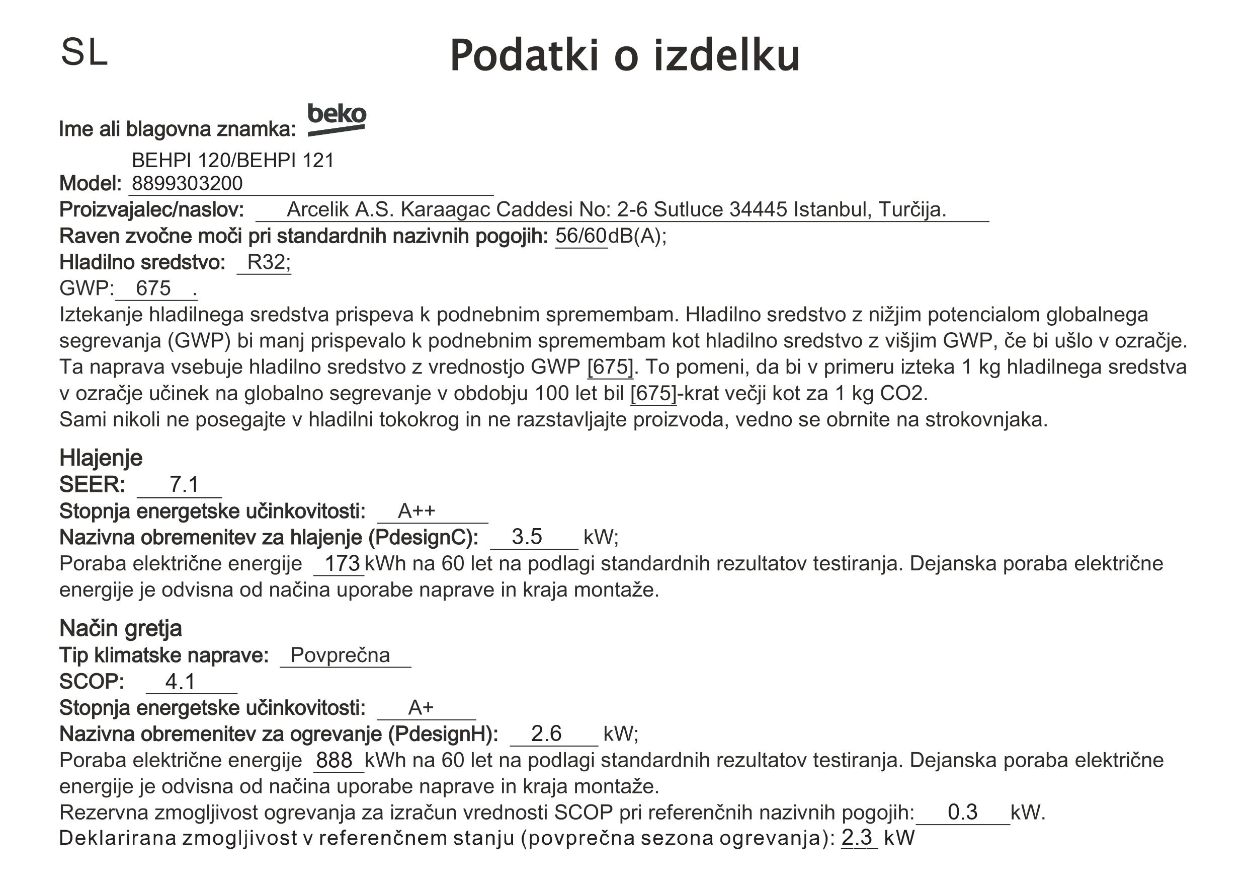 BEKO BEHPI120/BEHPI121 Klimatska naprava